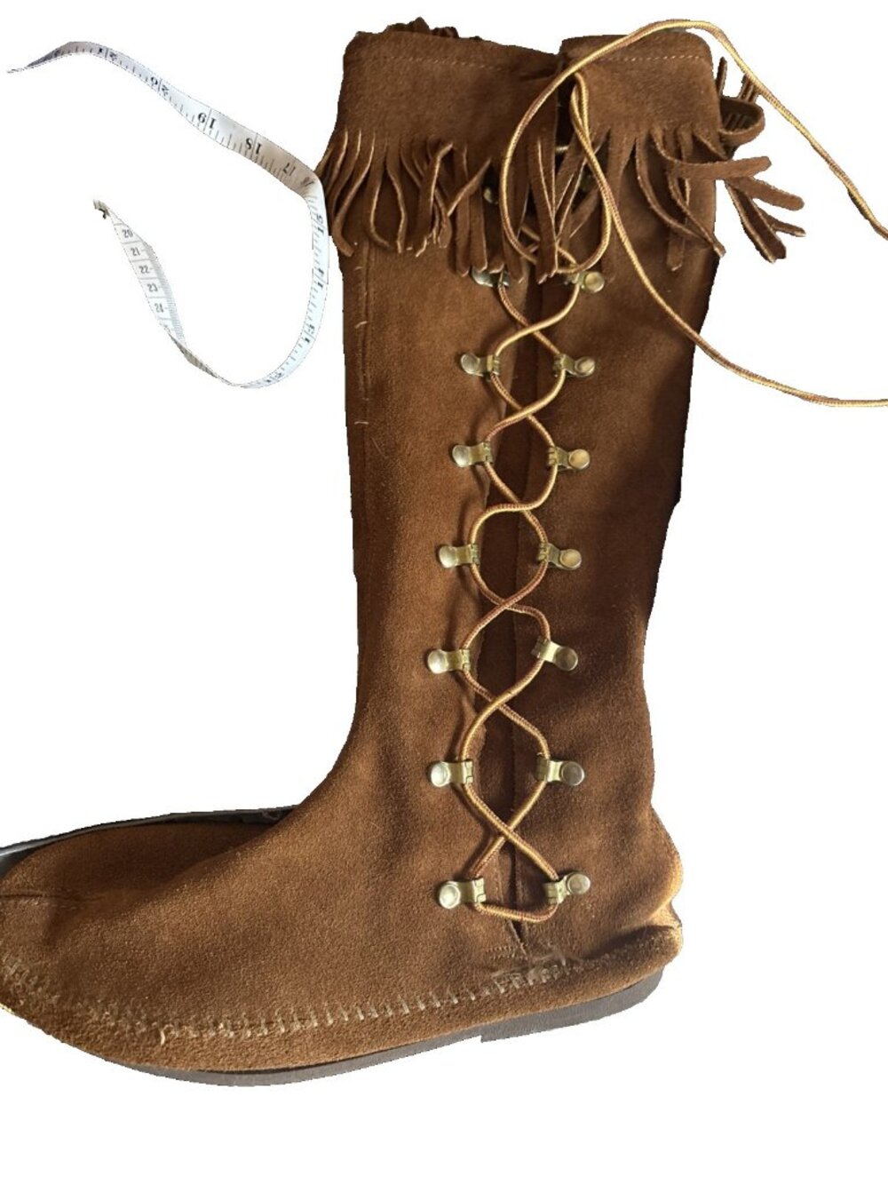 Minnetonka Front Lace Knee High Boots Fringe Women's 7" Brown Suede